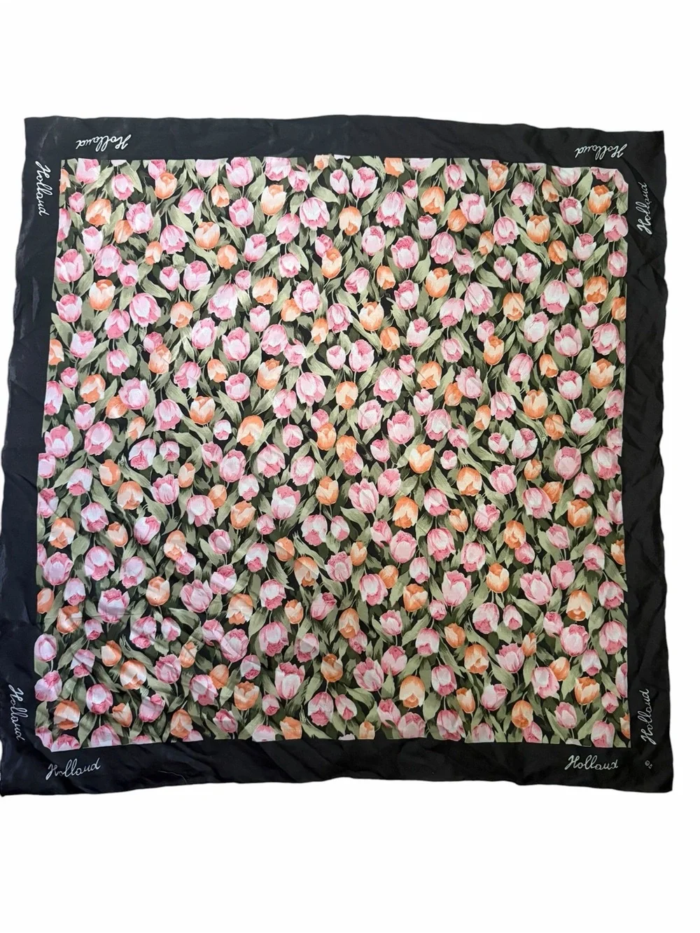 Tulip Print Silk Scarf - Black with Pink & Peach Tulips